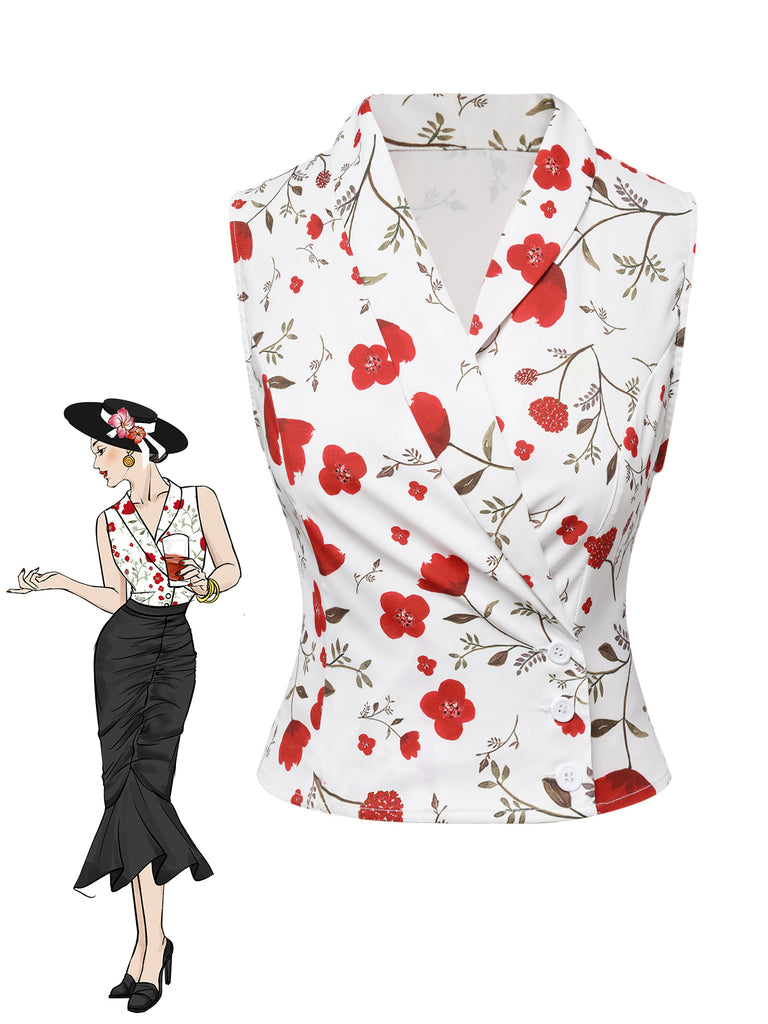 White 1930s Floral Asymmetric Lapel Top - vintage fashion, retro style, pure white