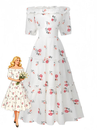 White 1930s Floral Ruffled Off-Shoulder Puff Dress - vintage dress, retro fashion, pure white
