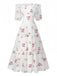 White 1930s Floral Ruffled Off-Shoulder Puff Dress - vintage dress, retro fashion, pure white