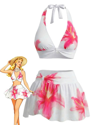 White 1930s Lily Floral Halter Wrap Mesh Skirt Bikini Set - vintage skirt, retro style, swing skirt for vintage lovers