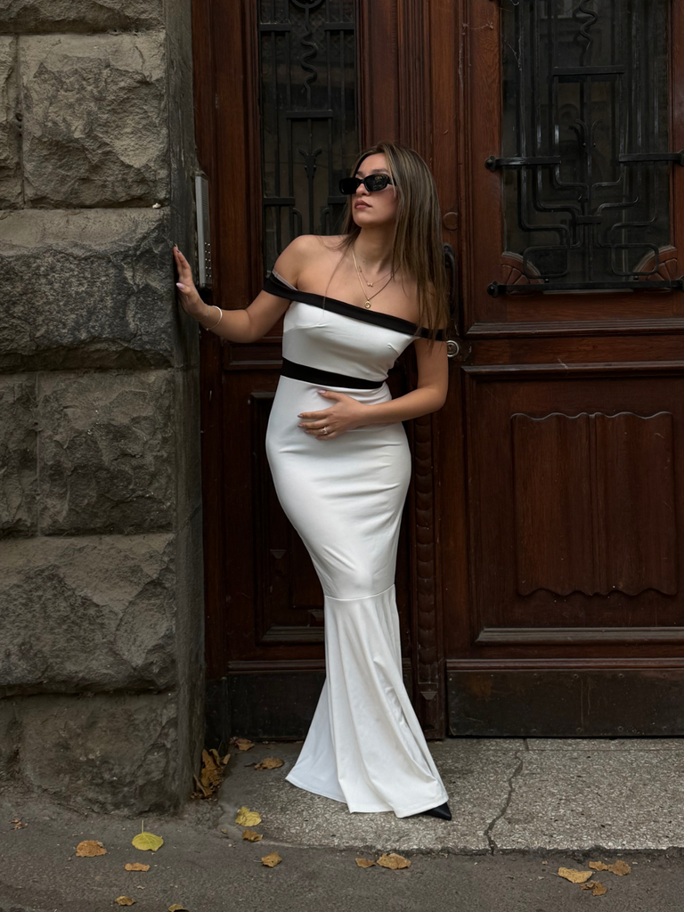 White 1930s Off-Shoulder Fishtail Dress - vintage dress, retro fashion, pure white