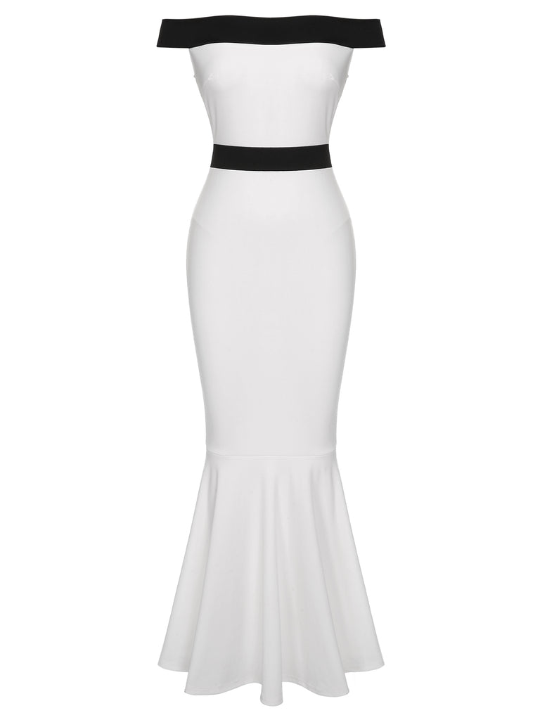 Elegant Mermaid Wedding Guest Dress Off Shoulder Black & White ColorBlock Maxi Dress Evening Formal Dress