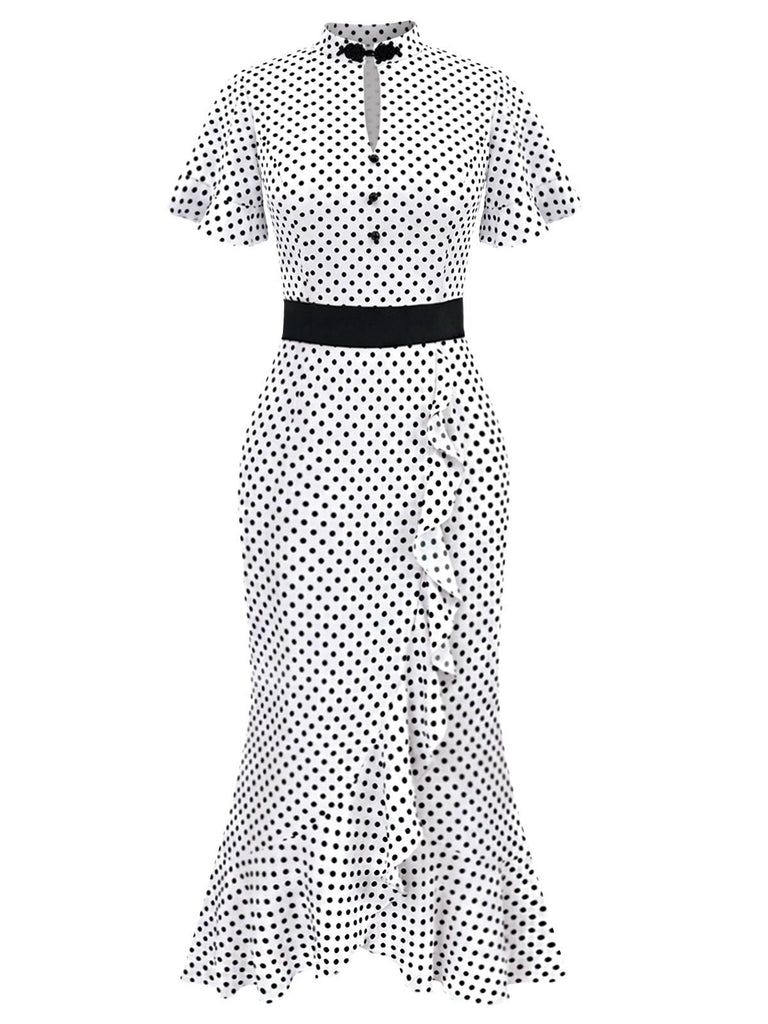 [Pre-Sale] White 1930s Polka Dot Ruffled Mermaid Dress