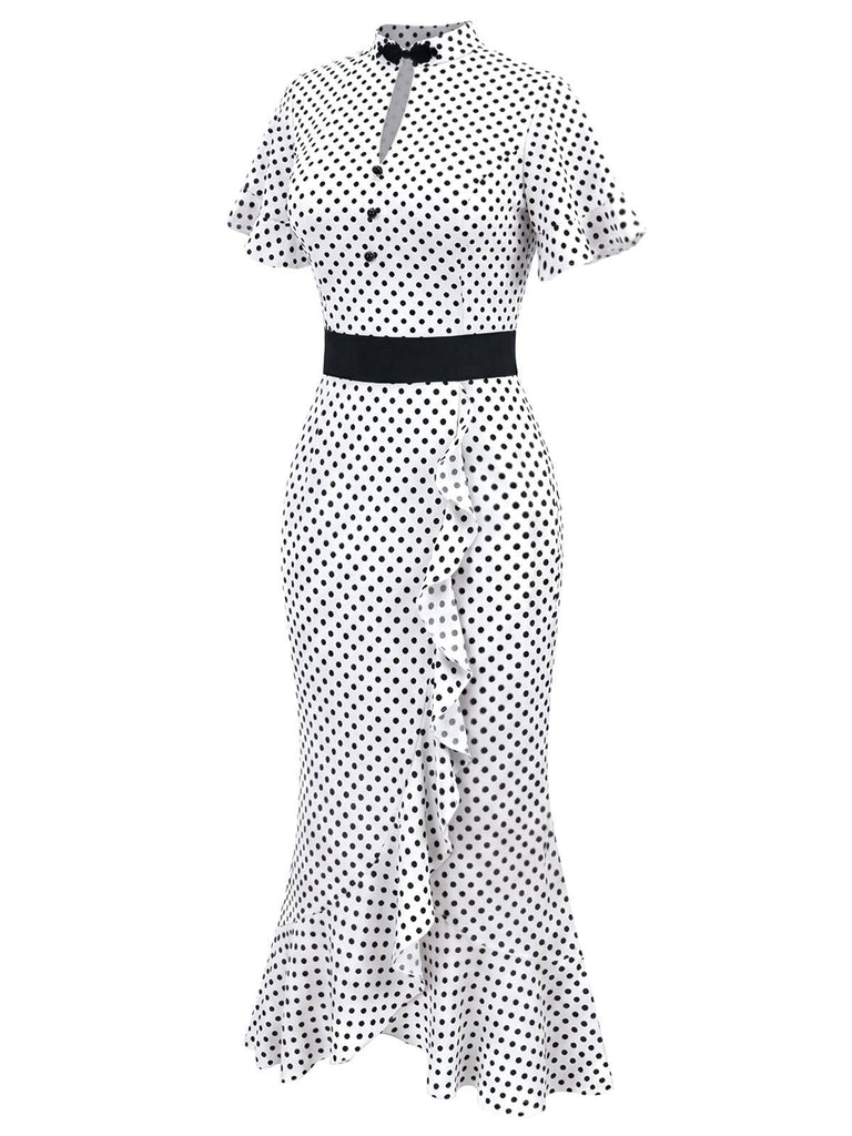 [Pre-Sale] White 1930s Polka Dot Ruffled Mermaid Dress