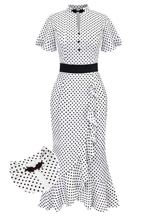 Black and white polka dot dress with a belt on a white background
