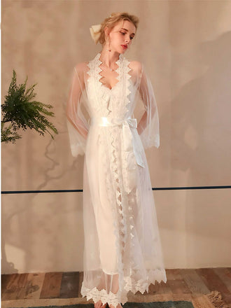 White 1930s Sheer Mesh Lace Nightdress Set - vintage dress, retro fashion, pure white