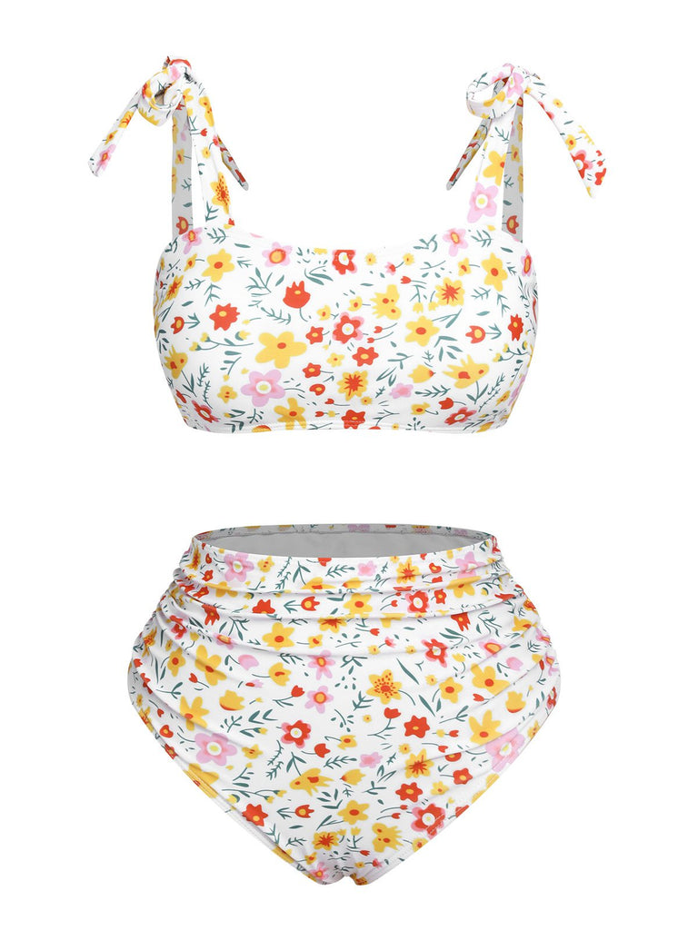 White 1930s Shoulder Straps Ditsy Florals Swimsuit, vintage swimsuit, pin-up swimwear - perfect for women who love vintage and retro fashion