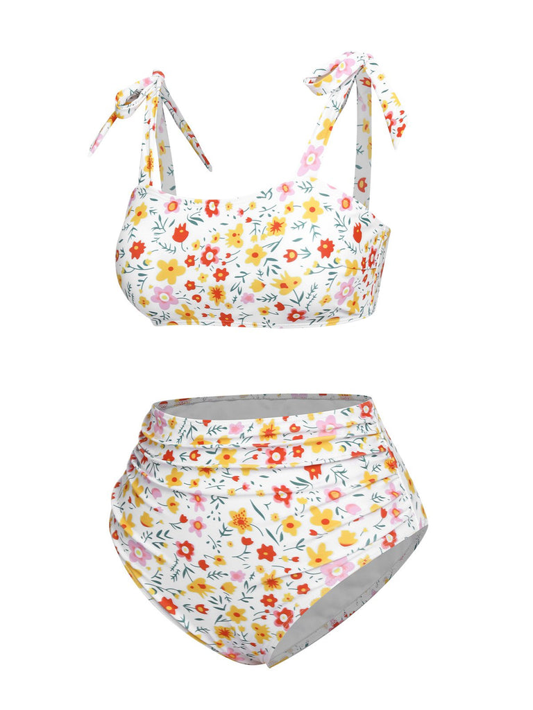 White 1930s Shoulder Straps Ditsy Florals Swimsuit, vintage swimsuit, pin-up swimwear - perfect for women who love vintage and retro fashion