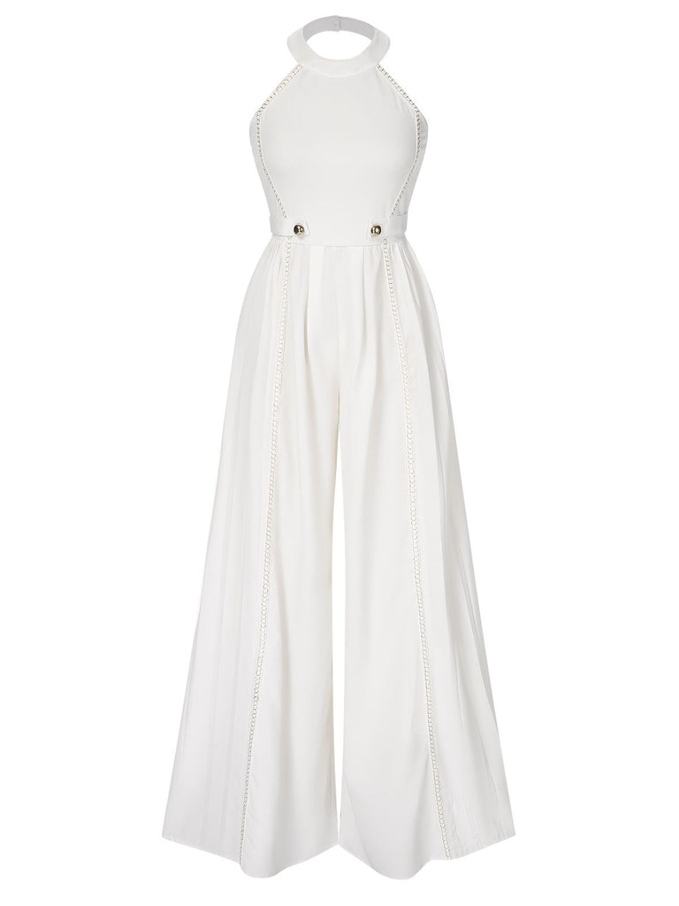 White 1930s Solid Chain Embellished Halter Jumpsuit, vintage romper, retro jumpsuit - perfect for women who love vintage and retro fashion
