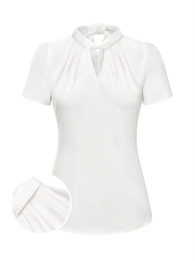 She pairs this White 1930s Solid Keyhole-Neck Satin Blouse with confidence and 1930s charm