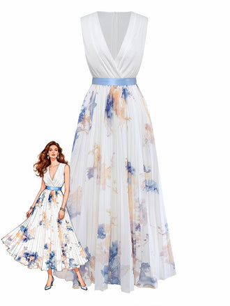 White 1930s Watercolor Floral Deep V Pleated Dress - vintage dress, retro fashion, pure white