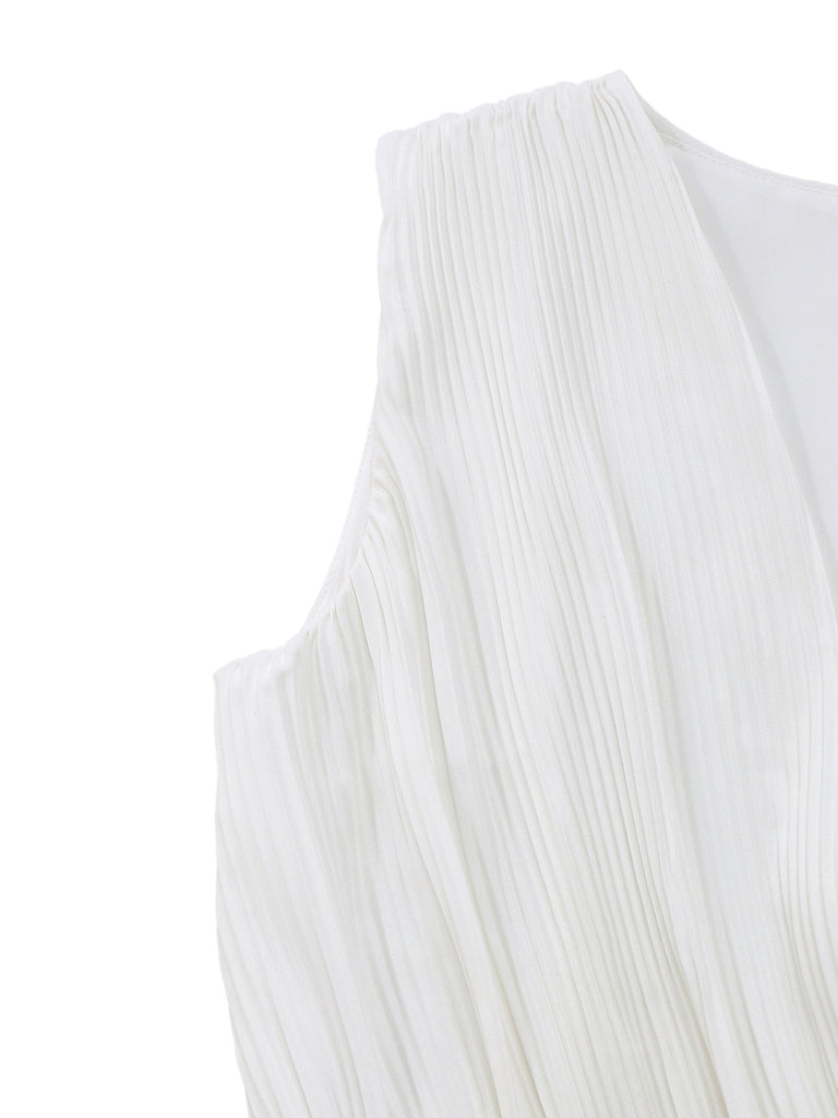 White sleeveless top with pleated design on a white background