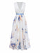 White dress with floral pattern and blue belt on a white background