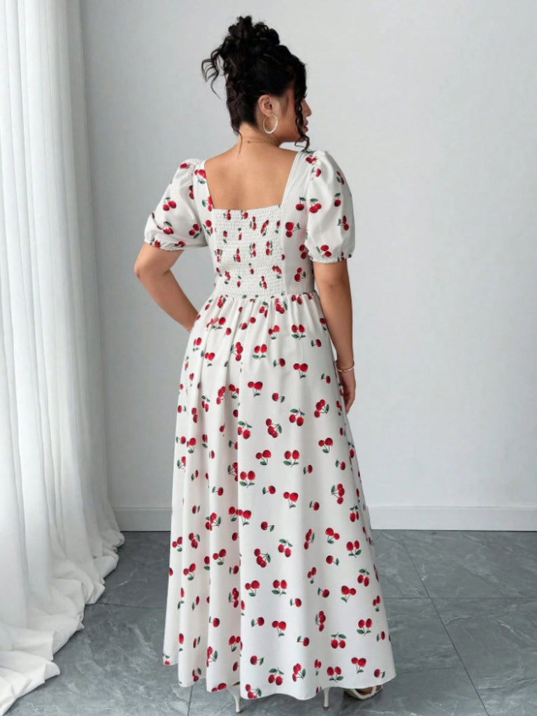 Plus Size] White 1940s Cherry Print Slit Maxi Dress