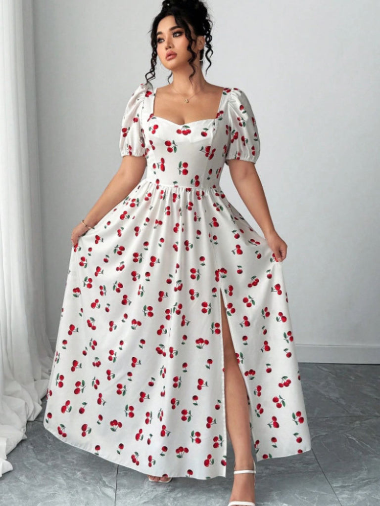 Plus Size] White 1940s Cherry Print Slit Maxi Dress