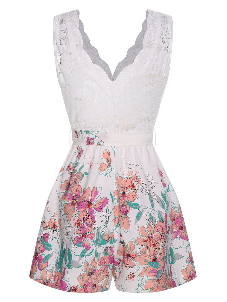 White 1940s Cotton Floral Lace V-Neck Romper, vintage romper, retro jumpsuit - perfect for women who love vintage and retro fashion