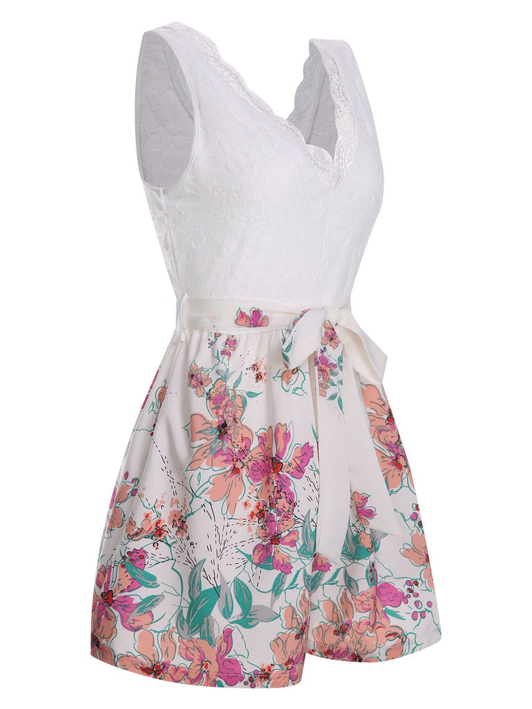 White 1940s Cotton Floral Lace V-Neck Romper, vintage romper, retro jumpsuit - perfect for women who love vintage and retro fashion