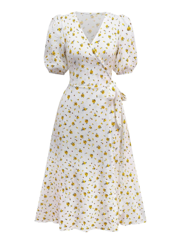 cotton wrap dress Cotton Fabric Women's V-neck Ditsy Floral Puff Sleeve Wrap Midi Dress White