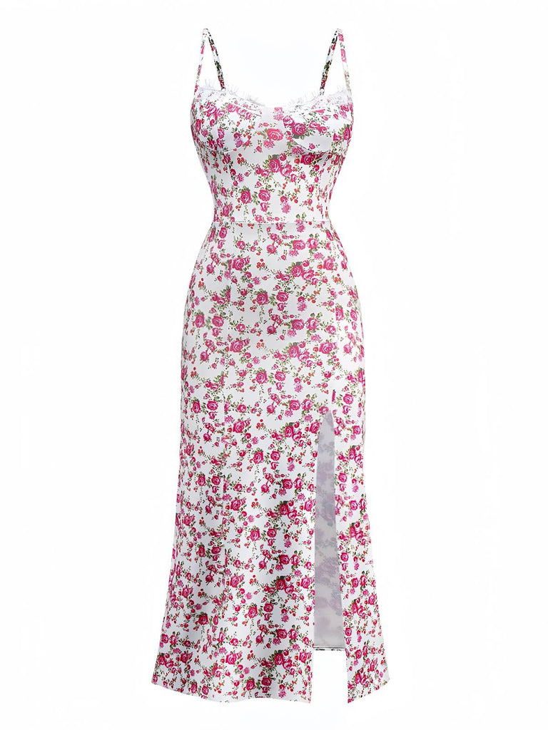 White 1940s Ditsy Floral Rose Slit Slip Dress - vintage dress, retro fashion, pure white
