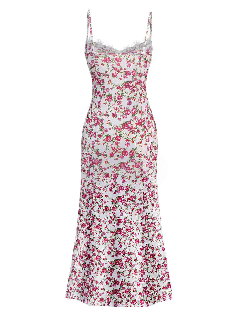 White 1940s Ditsy Floral Rose Slit Slip Dress - vintage dress, retro fashion, pure white