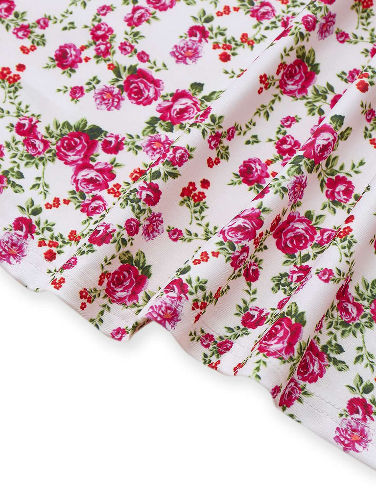 White 1940s Ditsy Floral Rose Slit Slip Dress - vintage dress, retro fashion, pure white