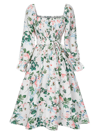 White 1940s Floral Pleated Belt Dress, vintage dress, retro fashion, floral print - perfect for women who love vintage and retro fashion