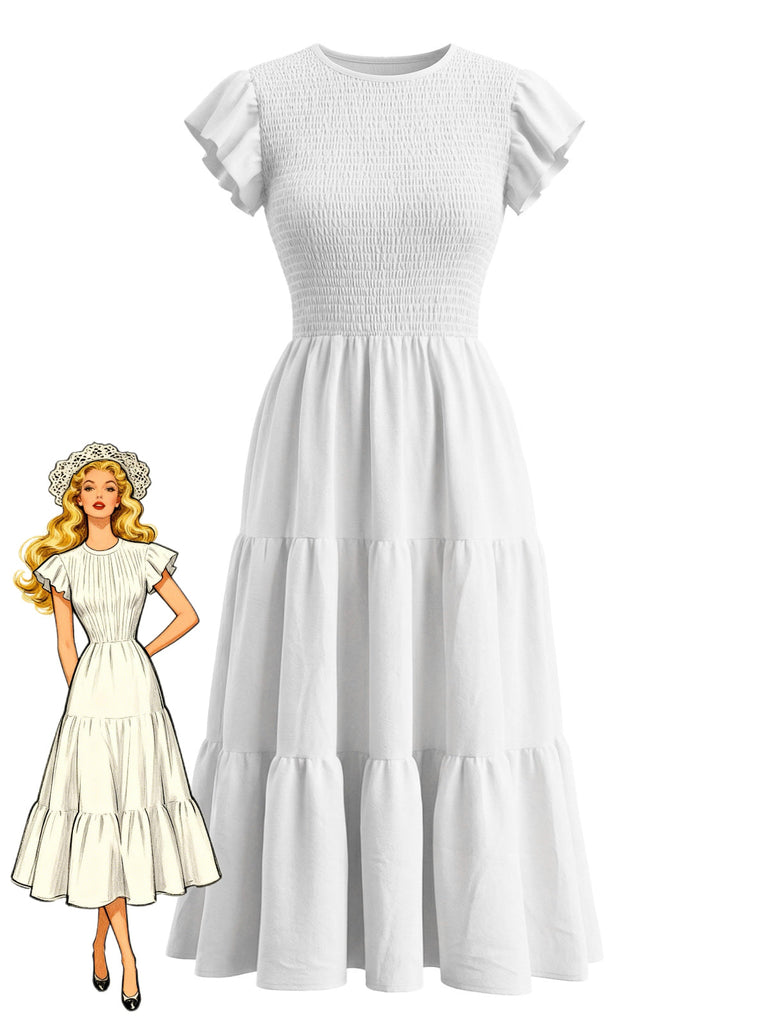 White 1940s Solid Flutter Sleeve Tiered Smocked Dress | Retro Stage White 1940s Solid Flutter Sleeve Tiered Smocked Dress | Retro Stage