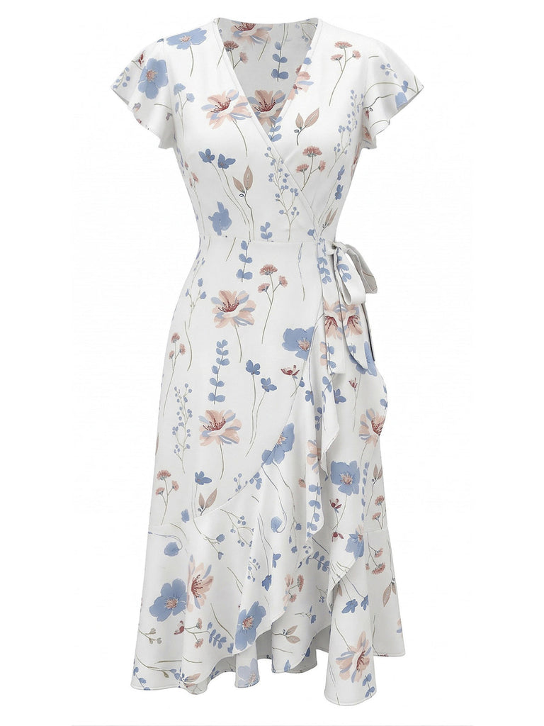 White 1940s Floral Print Flutter Sleeve V-Neck Wrap Dress