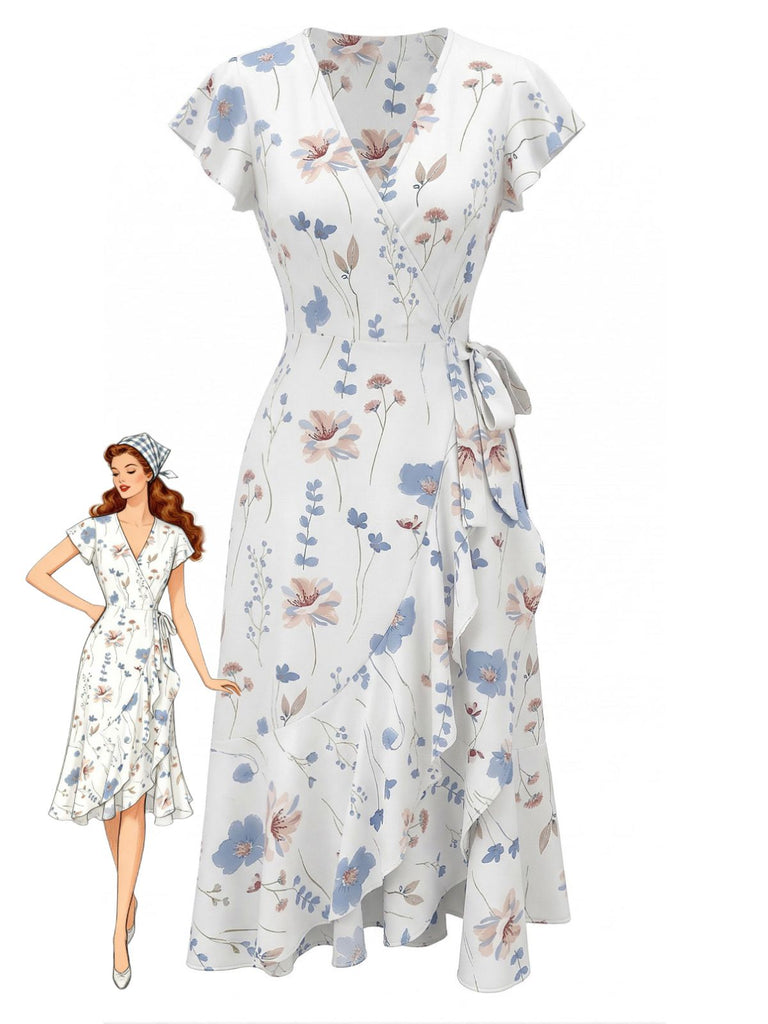 White 1940s Floral Print Flutter Sleeve V-Neck Wrap Dress, vintage dress, retro fashion, floral print - perfect for women who love vintage and retro fashion