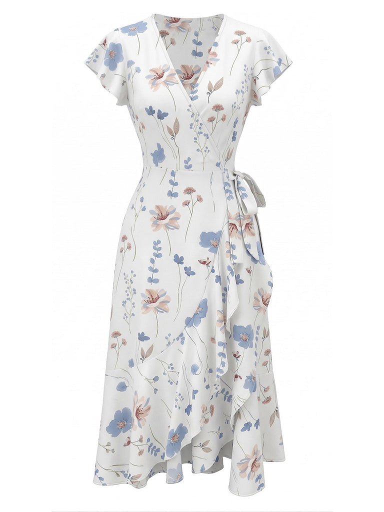 White 1940s Floral Print Flutter Sleeve V-Neck Wrap Dress, vintage dress, retro fashion, floral print - perfect for women who love vintage and retro fashion