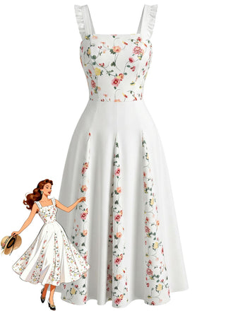 White 1940s Floral Ruffle Strap Square Neck Swing Dress - vintage dress, retro fashion, rockabilly, pin-up fashion for vintage lovers