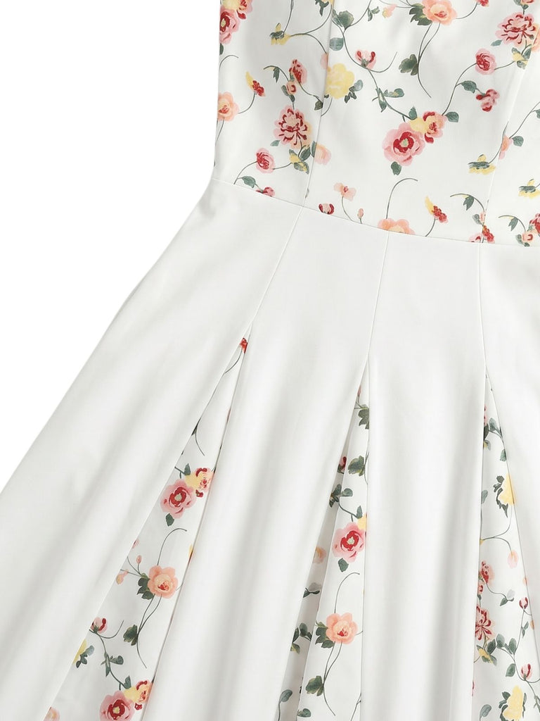 White 1940s Floral Ruffle Strap Square Neck Swing Dress - vintage dress, retro fashion, rockabilly, pin-up fashion for vintage lovers