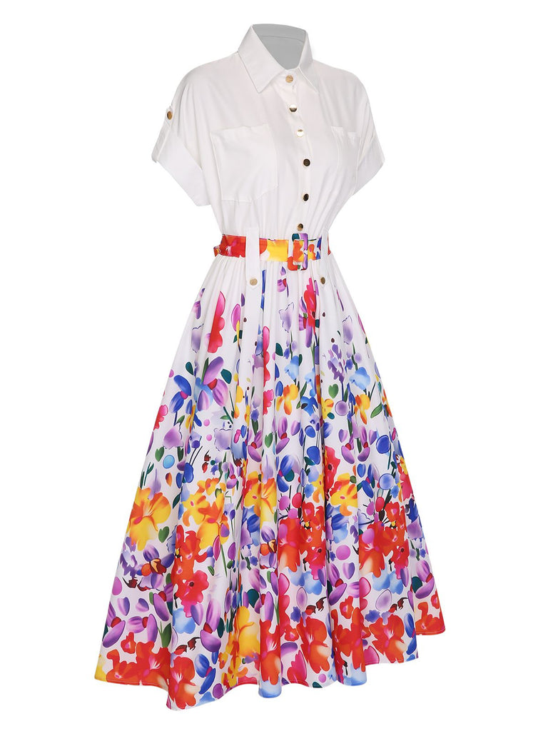 White 1940s Floral Shirt Collar Belt Dress, vintage dress, retro fashion, floral print - perfect for women who love vintage and retro fashion