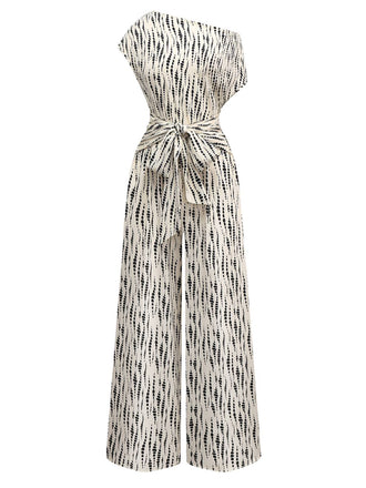 White 1940s Ink Stains Oblique Neck Jumpsuit - vintage jumpsuit, retro fashion, pure white