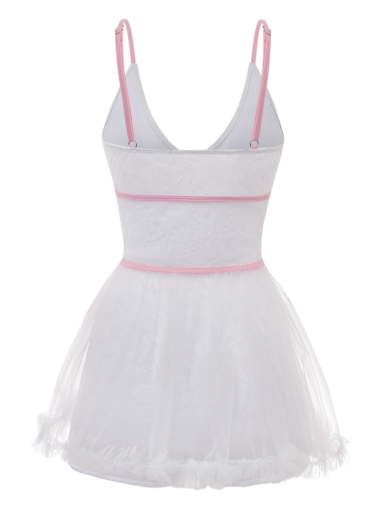 White Skirt-Swimsuit with pink straps on a white background