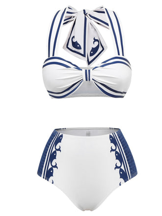 She's wearing White 1940s Navy Style Whale Swimsuit and the whole beach remembers the 1940s