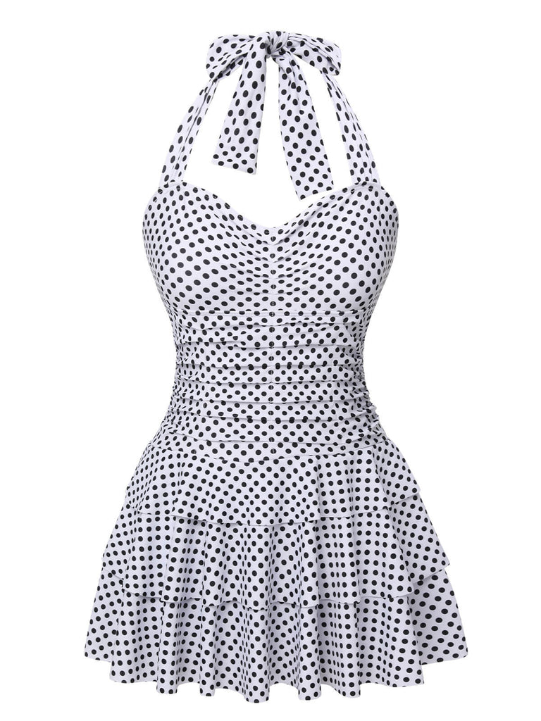 White 1940s Polka Dot Halter Skirted Swimsuit, vintage skirt, retro style - perfect for women who love vintage and retro fashion