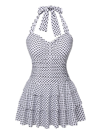 White 1940s Polka Dot Halter Skirted Swimsuit, vintage skirt, retro style - perfect for women who love vintage and retro fashion