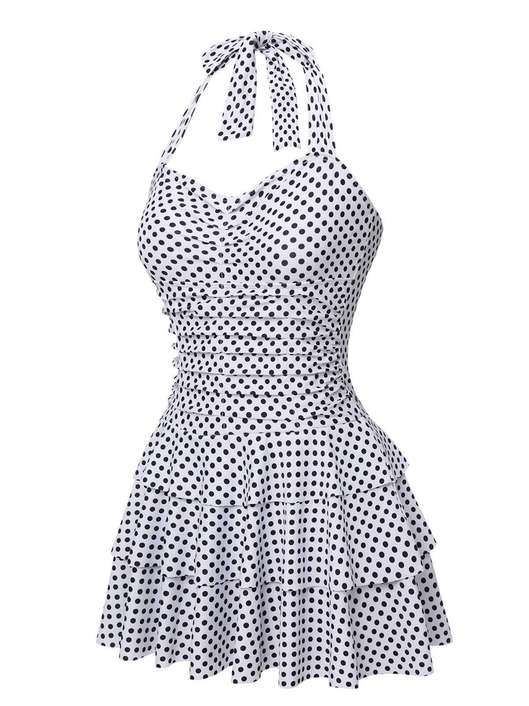 White 1940s Polka Dot Halter Skirted Swimsuit, vintage skirt, retro style - perfect for women who love vintage and retro fashion