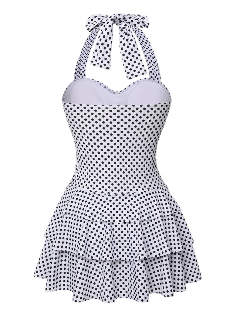 White 1940s Polka Dot Halter Skirted Swimsuit, vintage skirt, retro style - perfect for women who love vintage and retro fashion