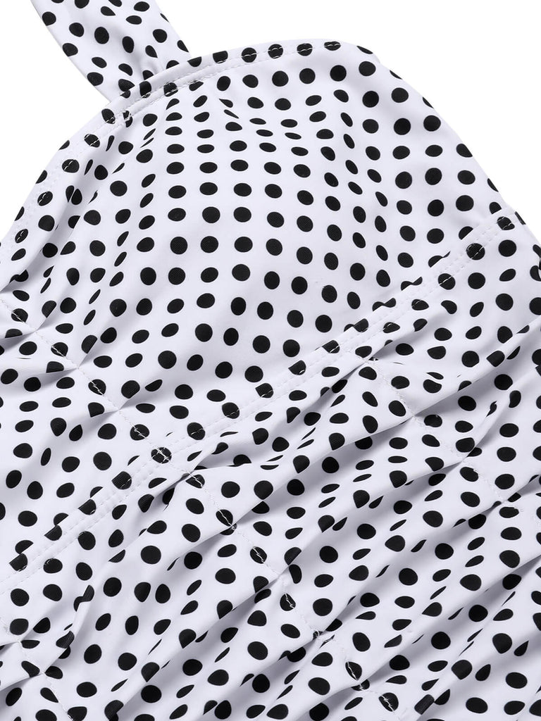 White 1940s Polka Dot Halter Skirted Swimsuit, vintage skirt, retro style - perfect for women who love vintage and retro fashion