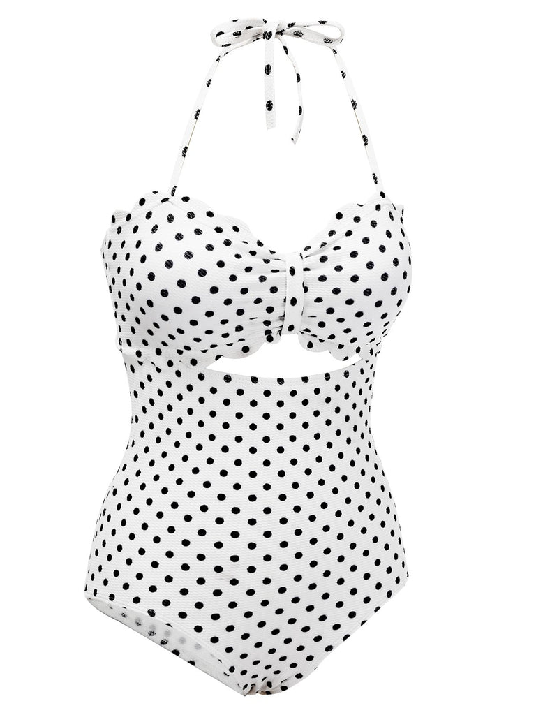 White 1940s Polka Dot Lace Up Halter Swimsuit — vintage elegance for the modern woman