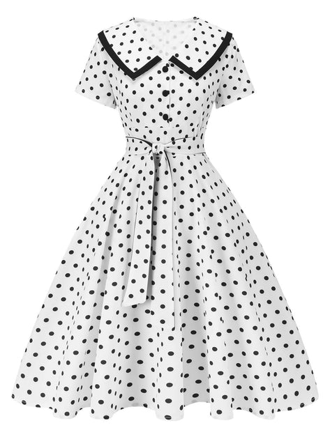 1950s Polka Dot Lapel Dress White & Black, M