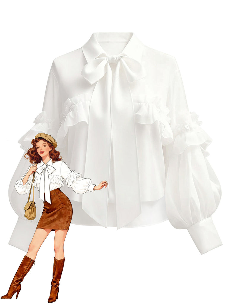 White 1940s Ruffle Lantern Sleeve Tie-Front Blouse - vintage fashion, retro style, pure white