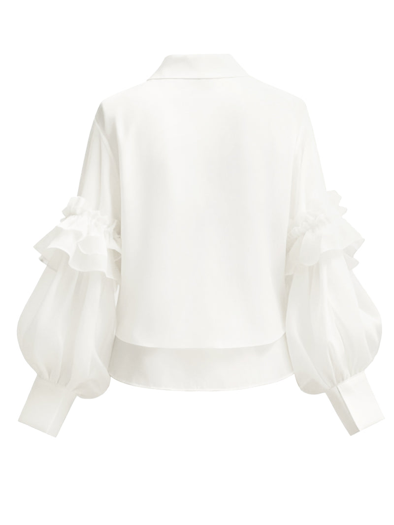 White 1940s Ruffle Lantern Sleeve Tie-Front Blouse | Retro Stage