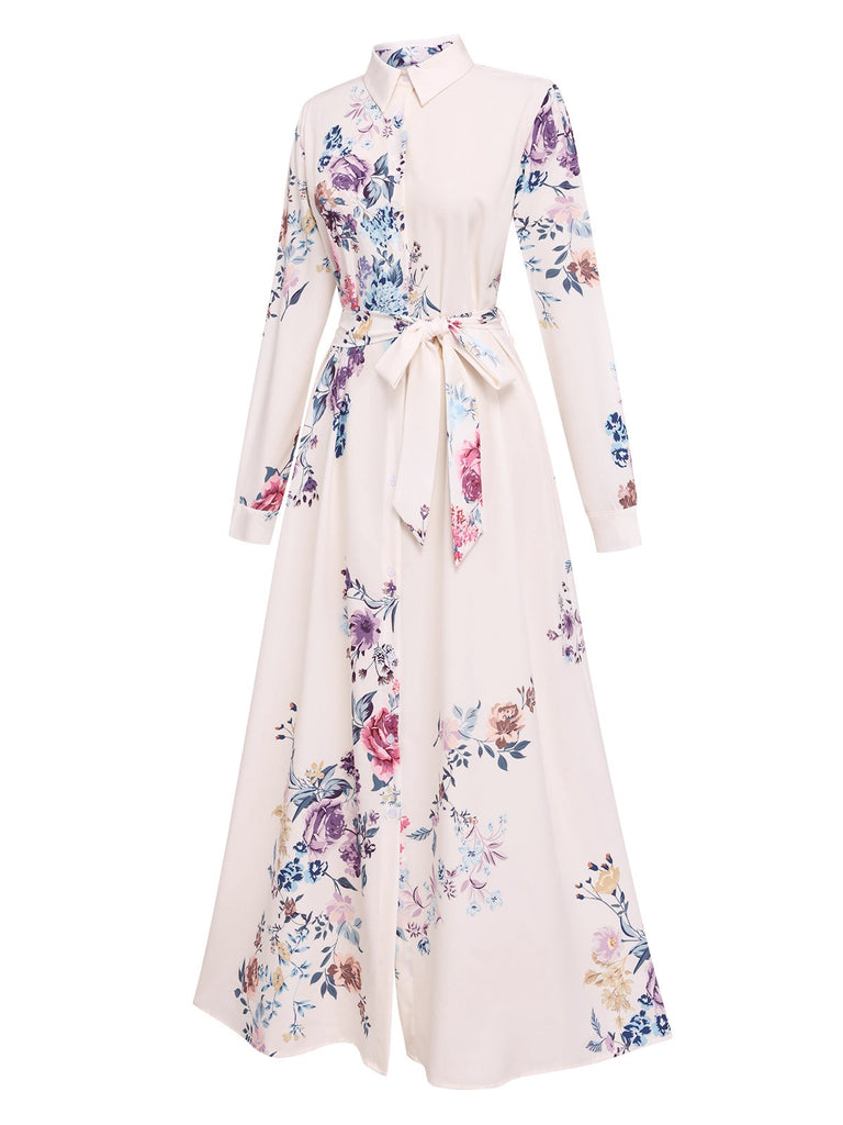 White 1940s Shirt Collar Floral Belted Dress, vintage dress, retro fashion, floral print - perfect for women who love vintage and retro fashion