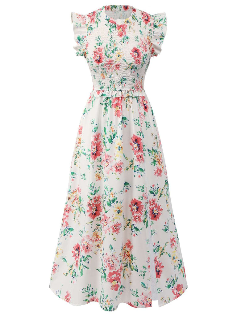 White 1940s Sleeveless Floral Ruffles Dress — vintage elegance for the modern woman