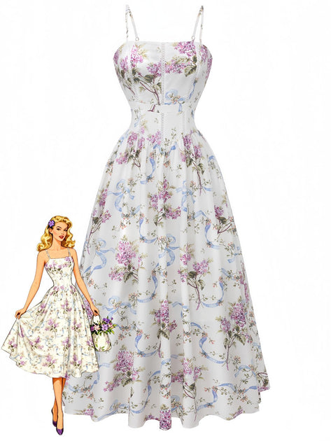 Vintage Floral Straps Slip Corset Tea Dress White