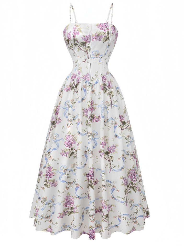 Vintage Floral Straps Slip Corset Tea Dress White