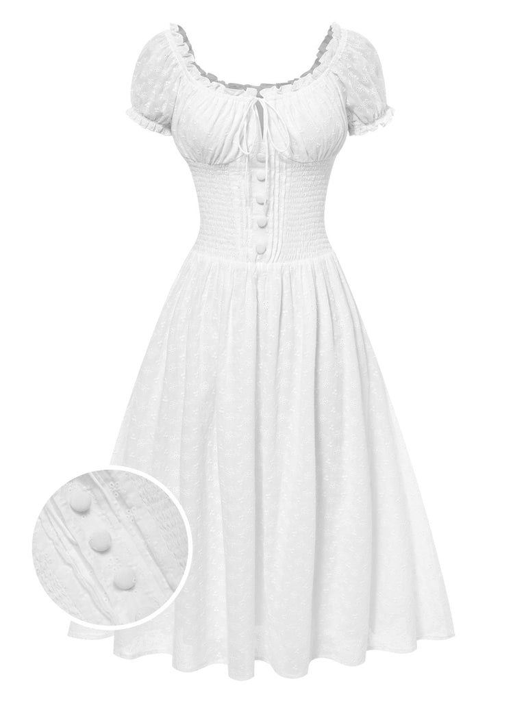 Retro Stage Embroidered Puff Sleeve Lace Midi Milkmaid Dress Wihte | 100% Cotton Fabric Retro Stage Embroidered Puff Sleeve Lace Midi Milkmaid Dress Wihte | 100% Cotton Fabric